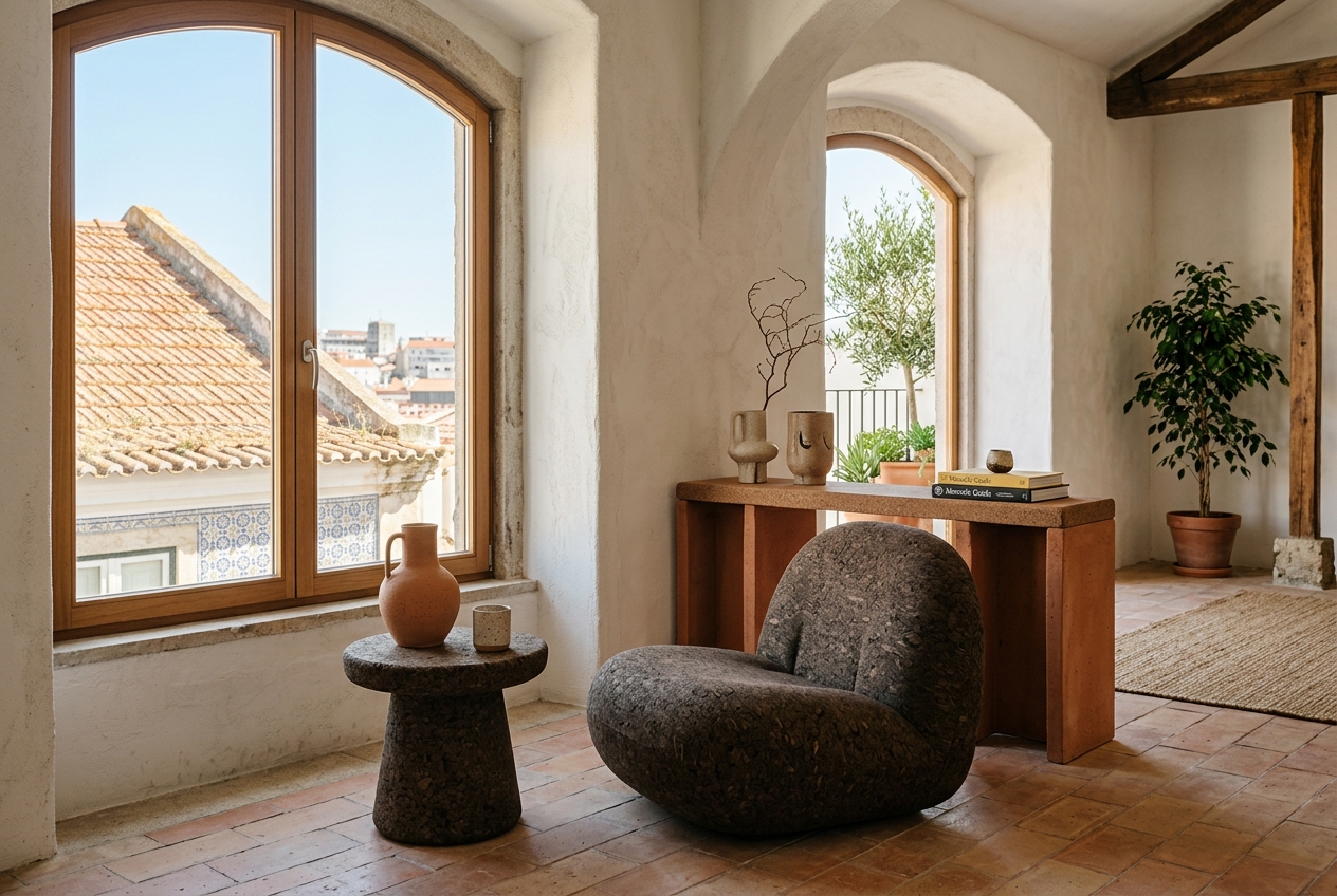 Sculptural Cork & Ceramic Interior in Lisbon Loft